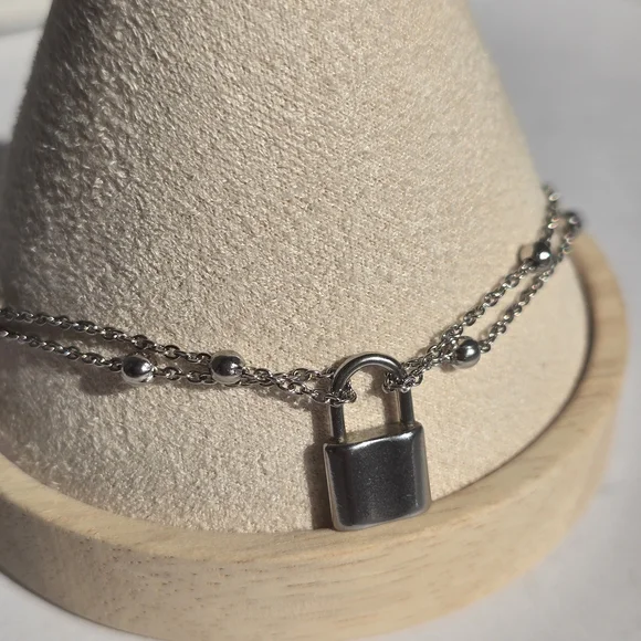 Double-Layer Silver Padlock Necklace - Picture 2 of 10